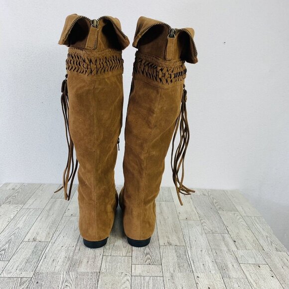 Mudd Womens Reto Tall Boots Size 6.5 Cognac Brown Hippie Bohemian Fringe Tassel - Picture 6 of 14